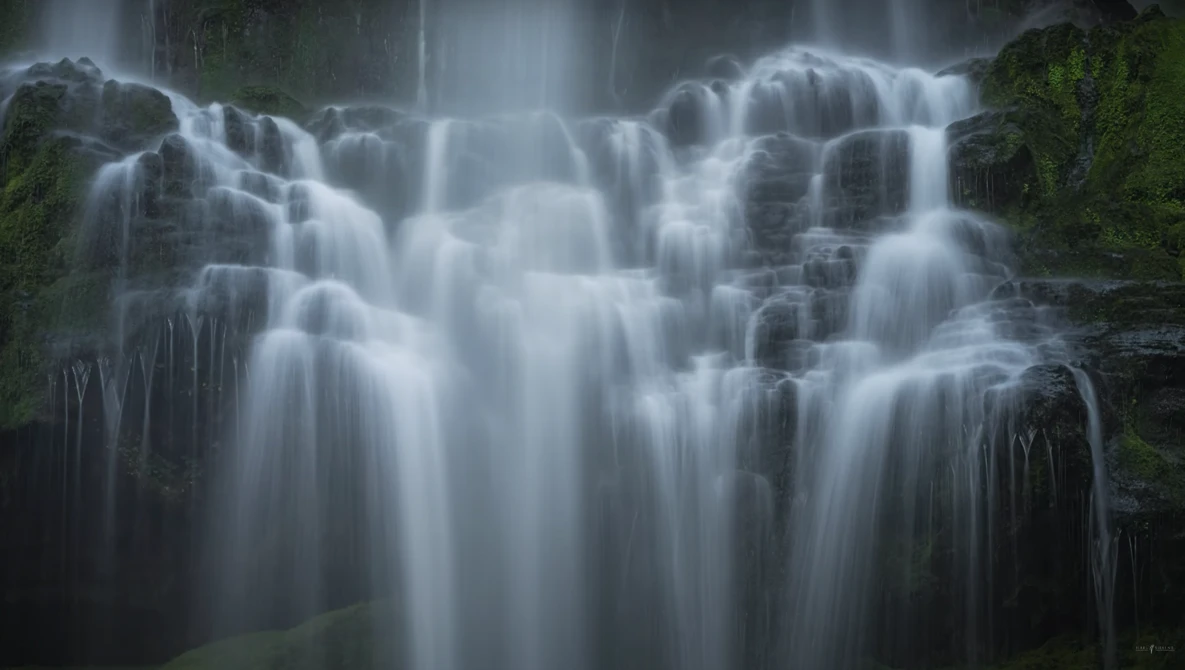 Cascading waterfall with multiple tiers flowing over mossy rocky ledges surrounded by green vegetation.