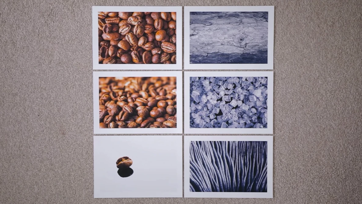 Six Polaroid-style prints arranged in a grid displaying close-up textures of coffee beans, water, salt crystals, a single bean, and plant stems.