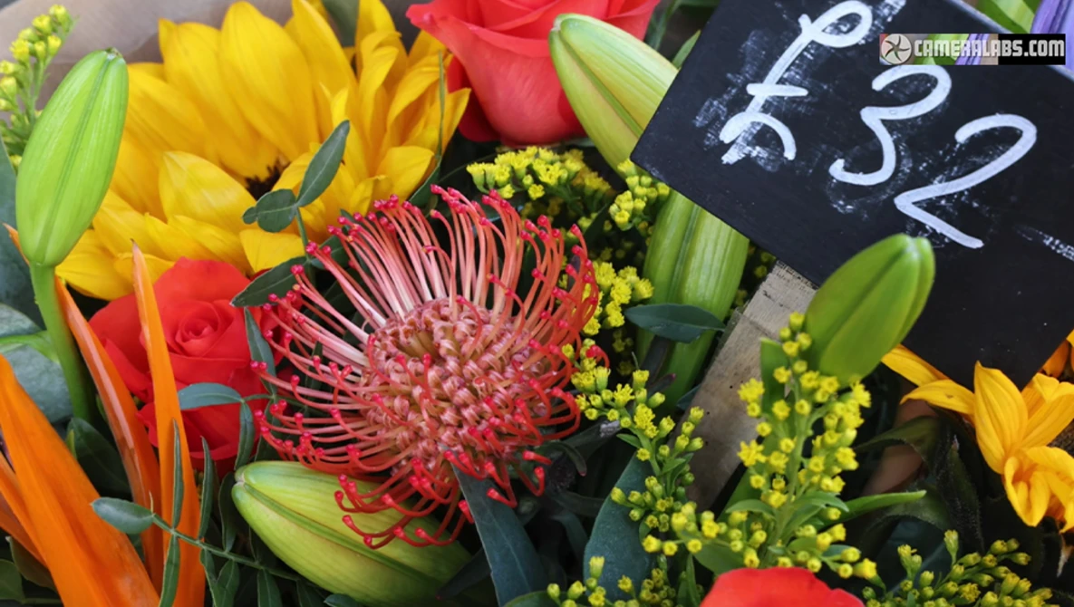 Vibrant flower bouquet at a market stall with red protea, yellow sunflowers, and green buds beside a handwritten price sign.