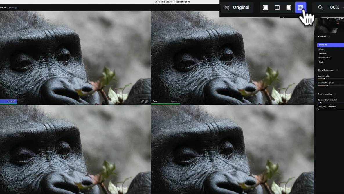 Close-up of a chimpanzee's face with detailed texture and expression, shown in a four-panel comparison grid.