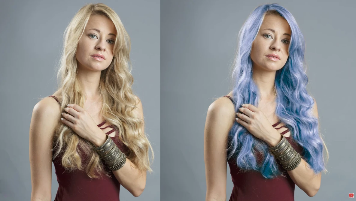 Side-by-side portrait comparison showing the same woman with blonde hair on the left and blue-tinted hair on the right.