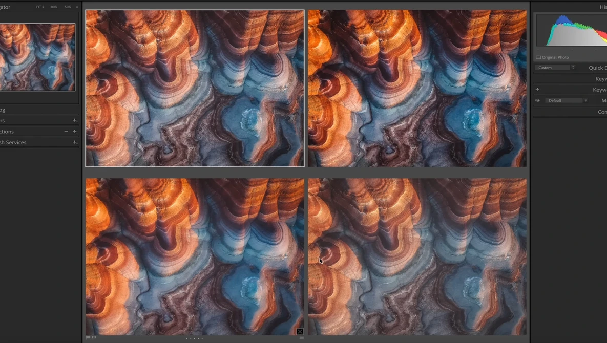 Screenshot of photo editing software showing aerial landscape with orange and blue geological formations in multiple comparison views.