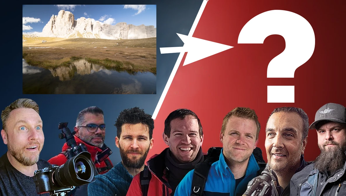 Six photographers and videographers posed in front of a landscape photo and red graphic with question mark.