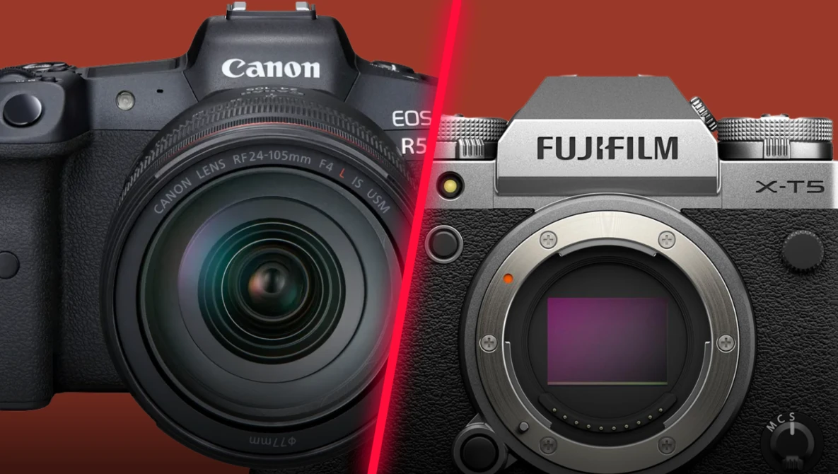 Canon EOS R5 with RF 24-105mm lens on the left and Fujifilm X-T5 mirrorless camera body on the right against a red background.