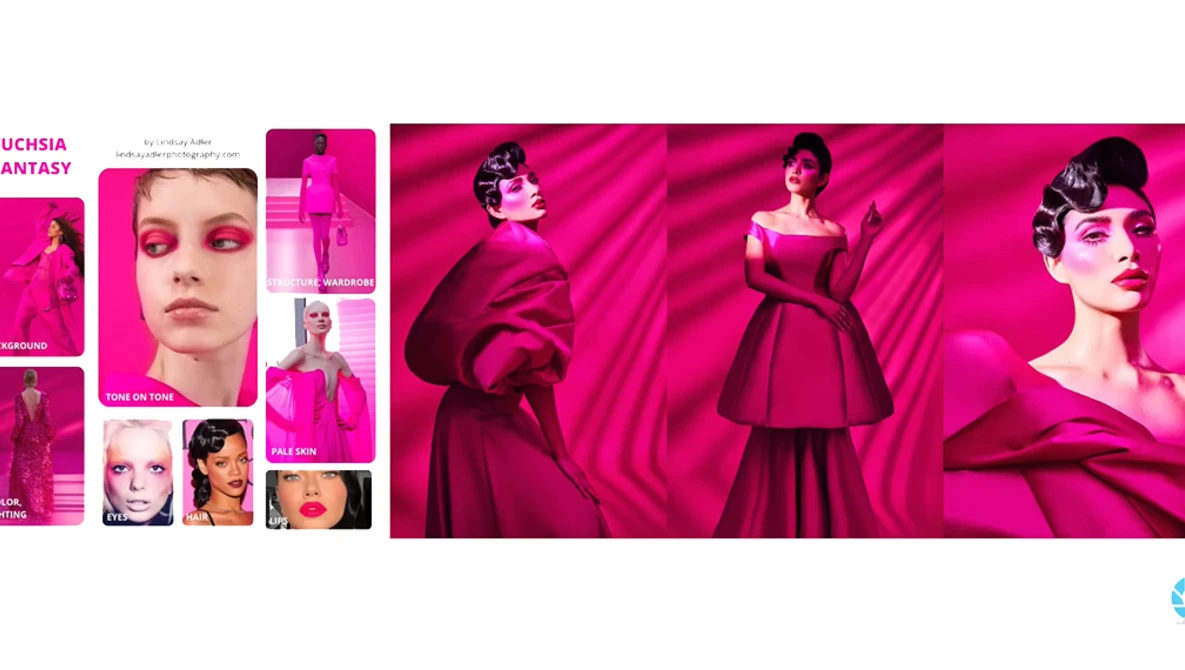 Fashion editorial layout featuring bold magenta styling with makeup swatches, fabric textures, and three models in coordinating deep pink garments.