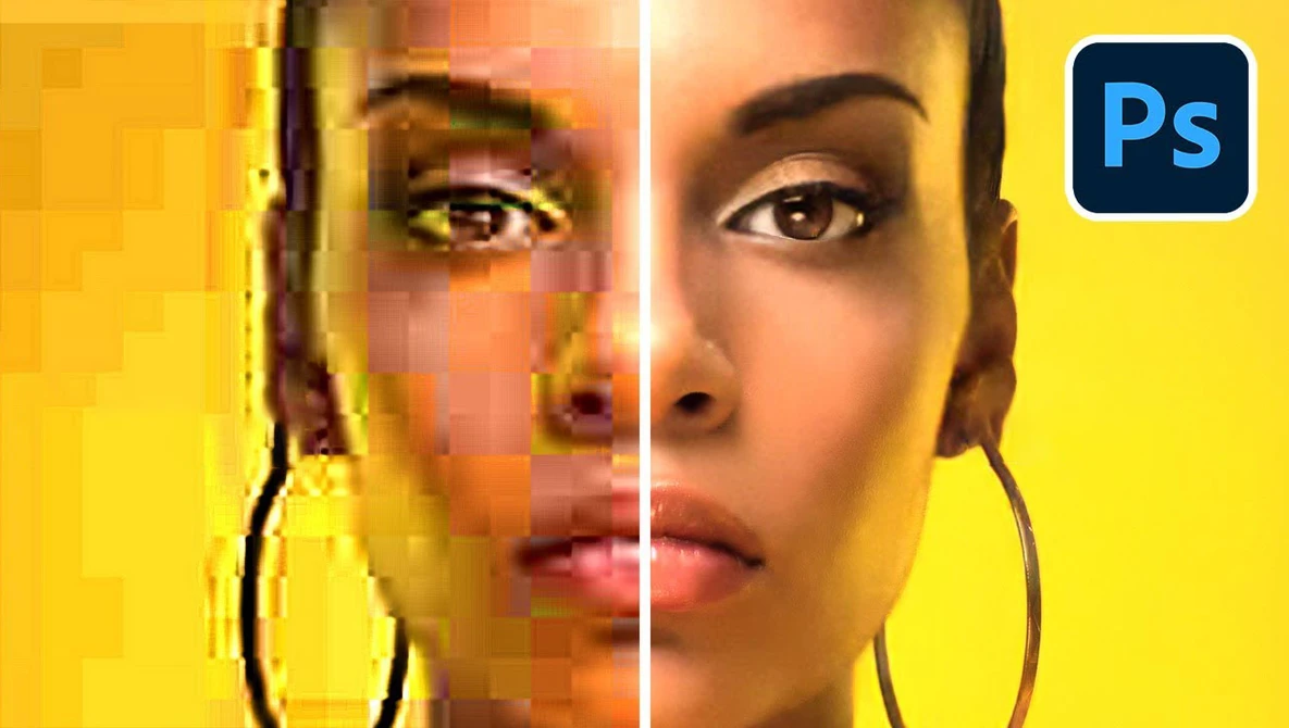 Before-and-after comparison showing skin retouching and color grading effects in Photoshop.