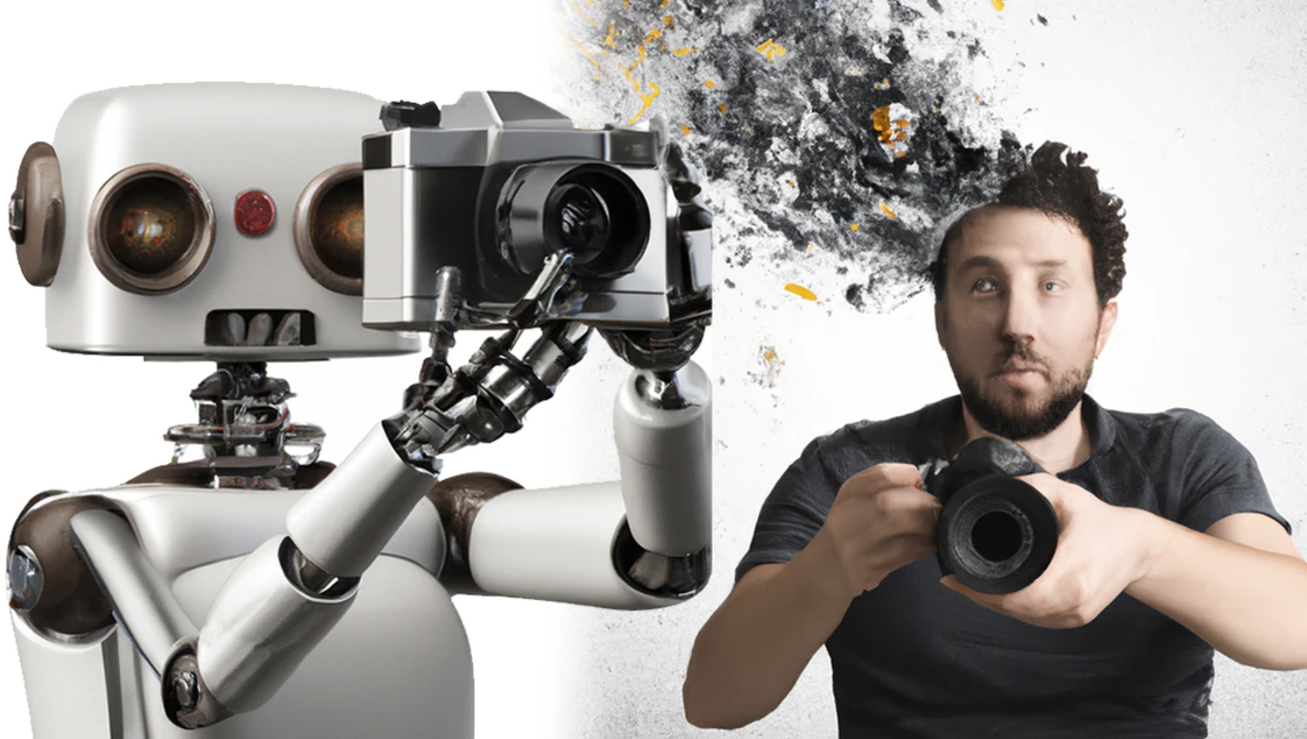 Robotic camera operator holding a cinema camera next to a man in a black shirt holding a mirrorless camera.
