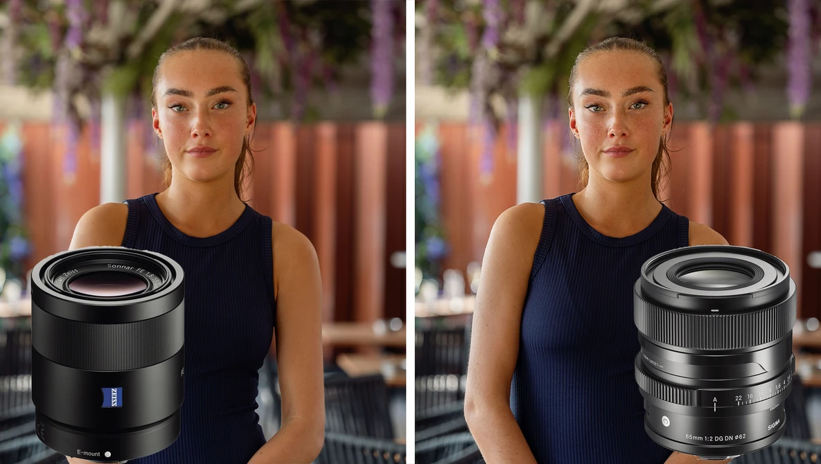 Side-by-side comparison of two camera lenses held by a woman in a black tank top outdoors.