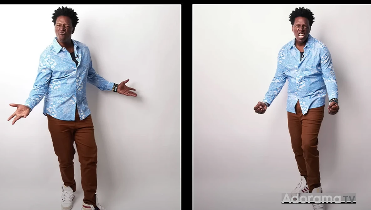Man in light blue patterned shirt and brown pants shown in two casual poses against white background.