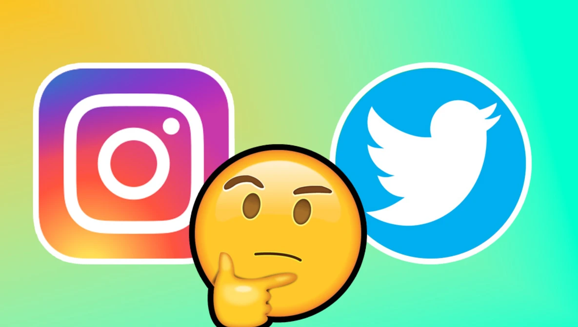 Illustration of Instagram and Twitter logos flanking a thinking face emoji against a gradient background.