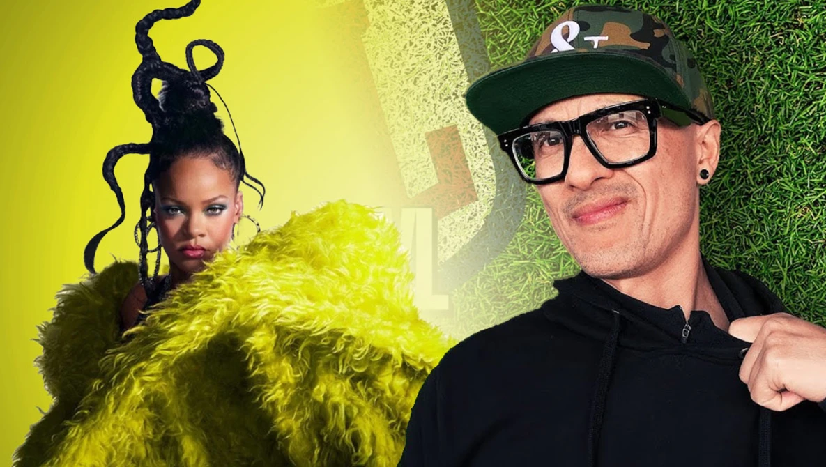 Woman with dramatic black tentacle-like hair extensions next to man wearing black cap and glasses against yellow-green gradient background.