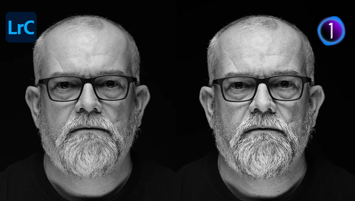 Side-by-side comparison of identical male portrait photographs with glasses and beard.
