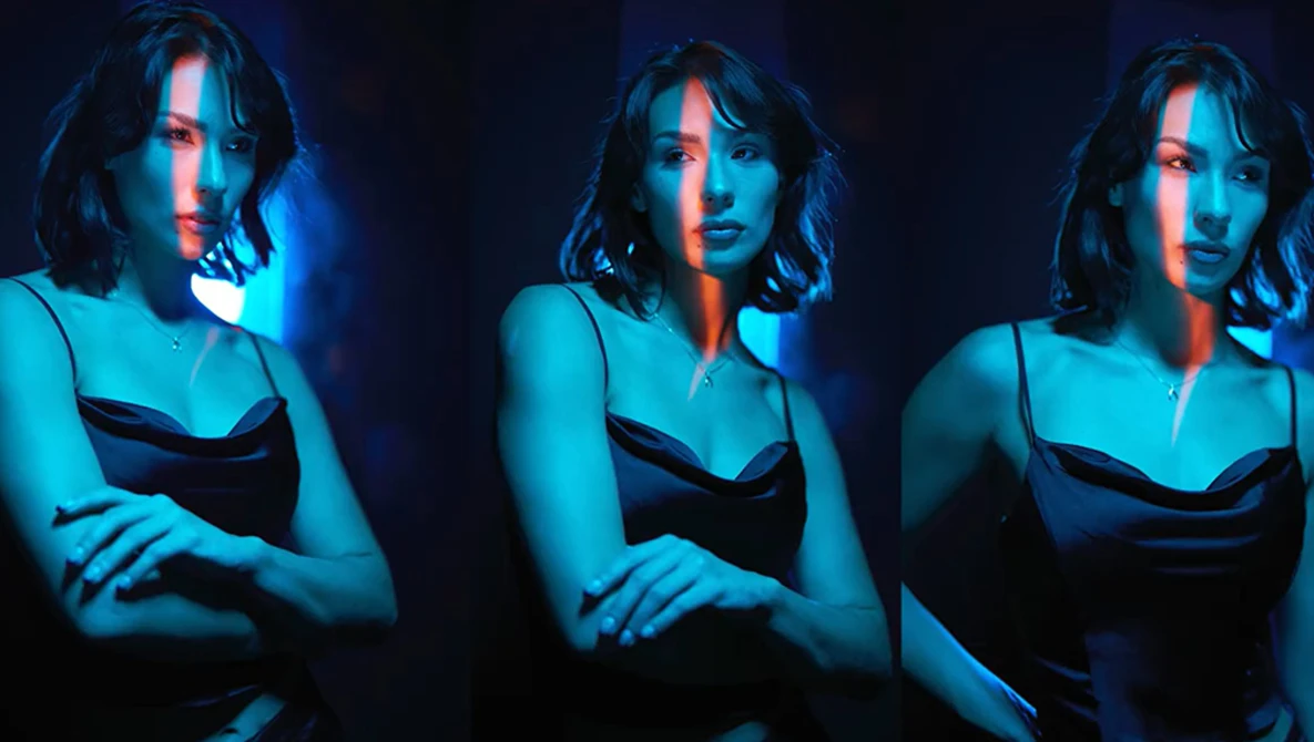 Portrait triptych showing a woman in a black camisole against a dark background with blue and red gel lighting.