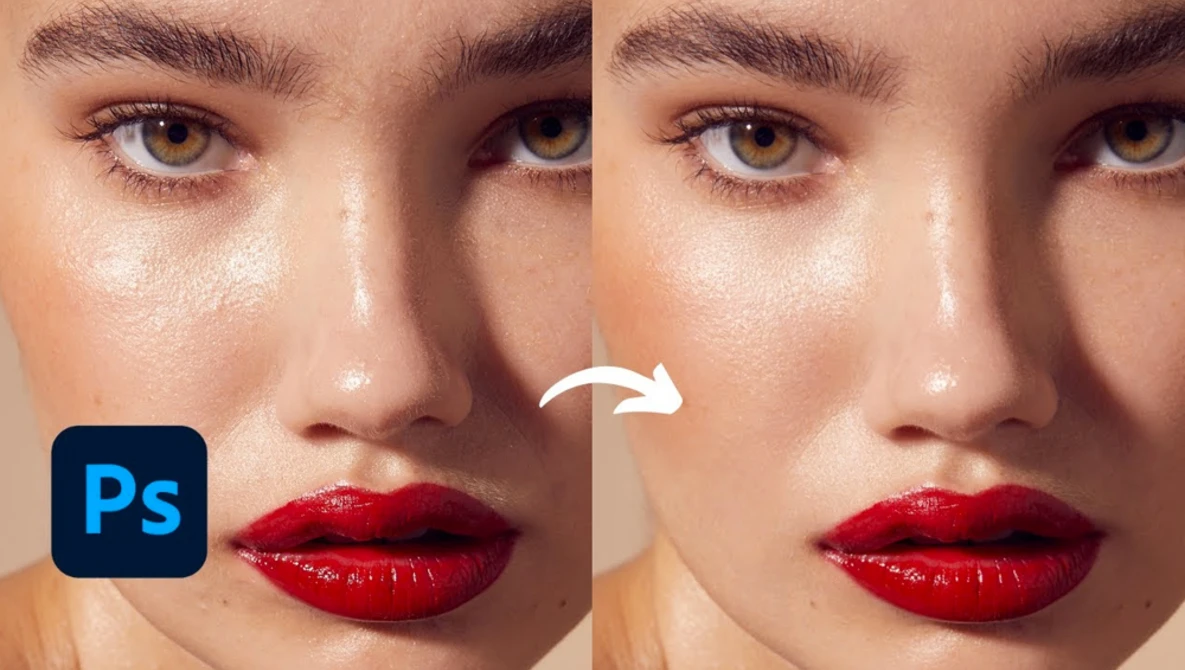 Before and after comparison of skin retouching in Photoshop, showing reduced under-eye texture and refined skin tone.