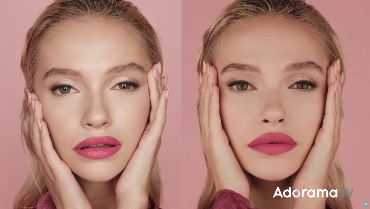 Side-by-side portrait comparison showing subtle differences in facial features and makeup application against pink background.