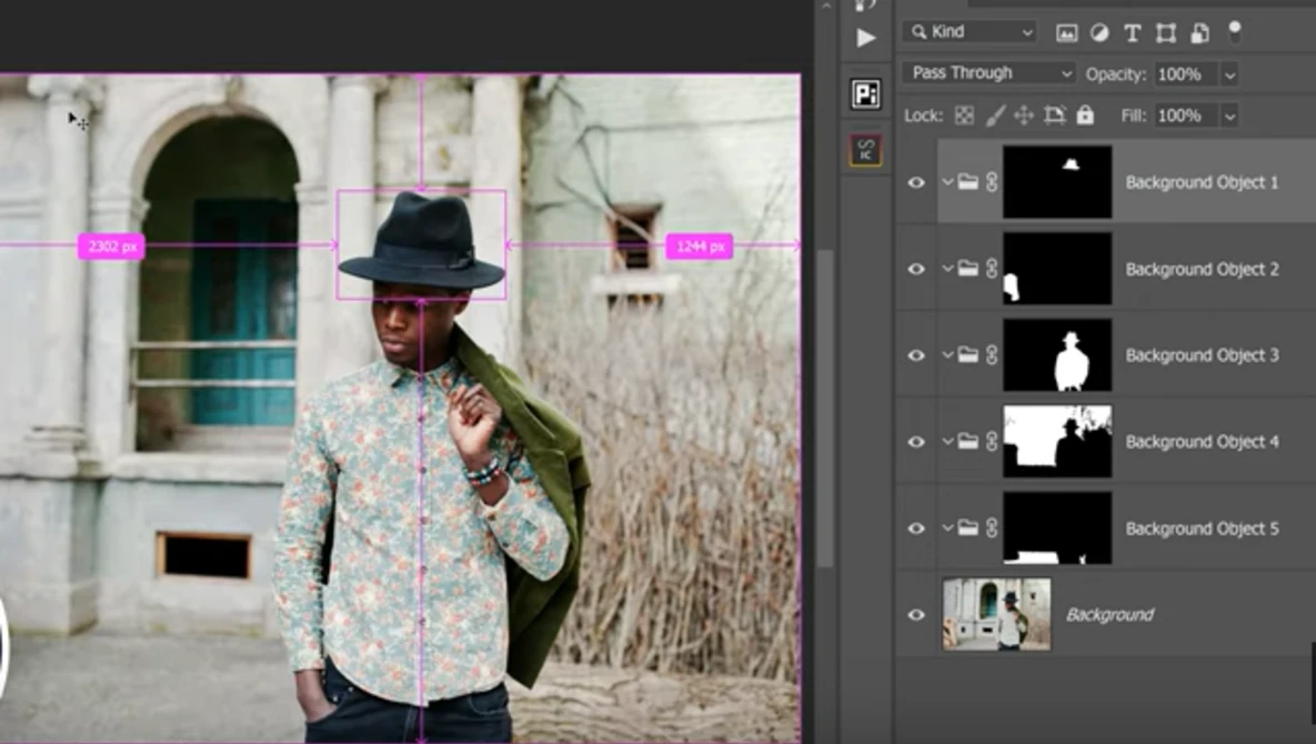 Screenshot of photo editing software showing a portrait of a man wearing a patterned shirt and hat against a textured wall.