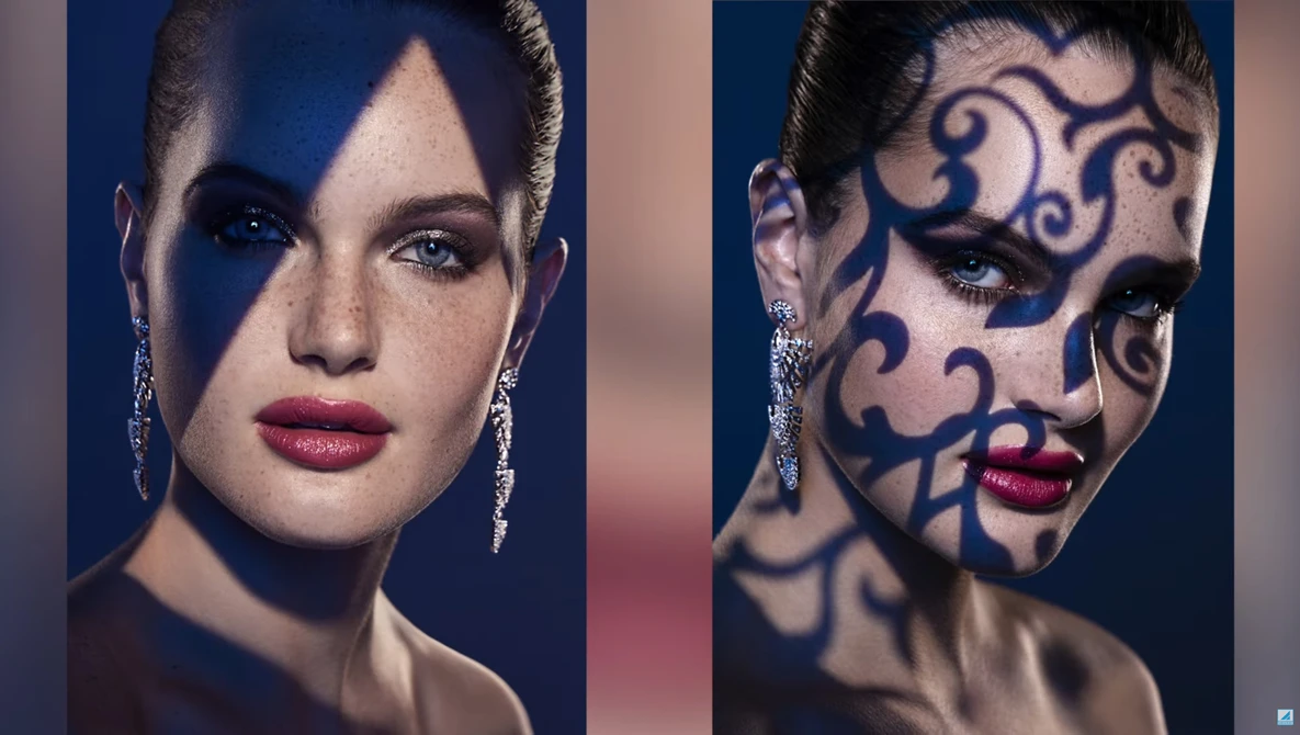 Side-by-side beauty portraits showing dramatic geometric face paint transformation.