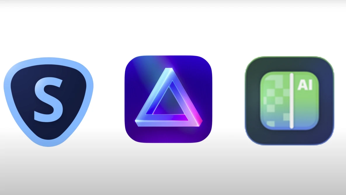 Screenshot showing three app icons: Scrobbler with blue shield design, Affinity Photo with purple triangle gradient, and an AI application with green interface elements.