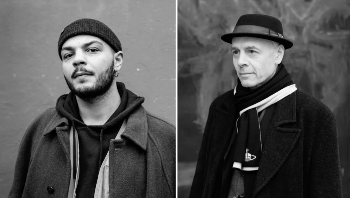 Two black and white portrait photographs side by side showing men in casual winter clothing and hats.