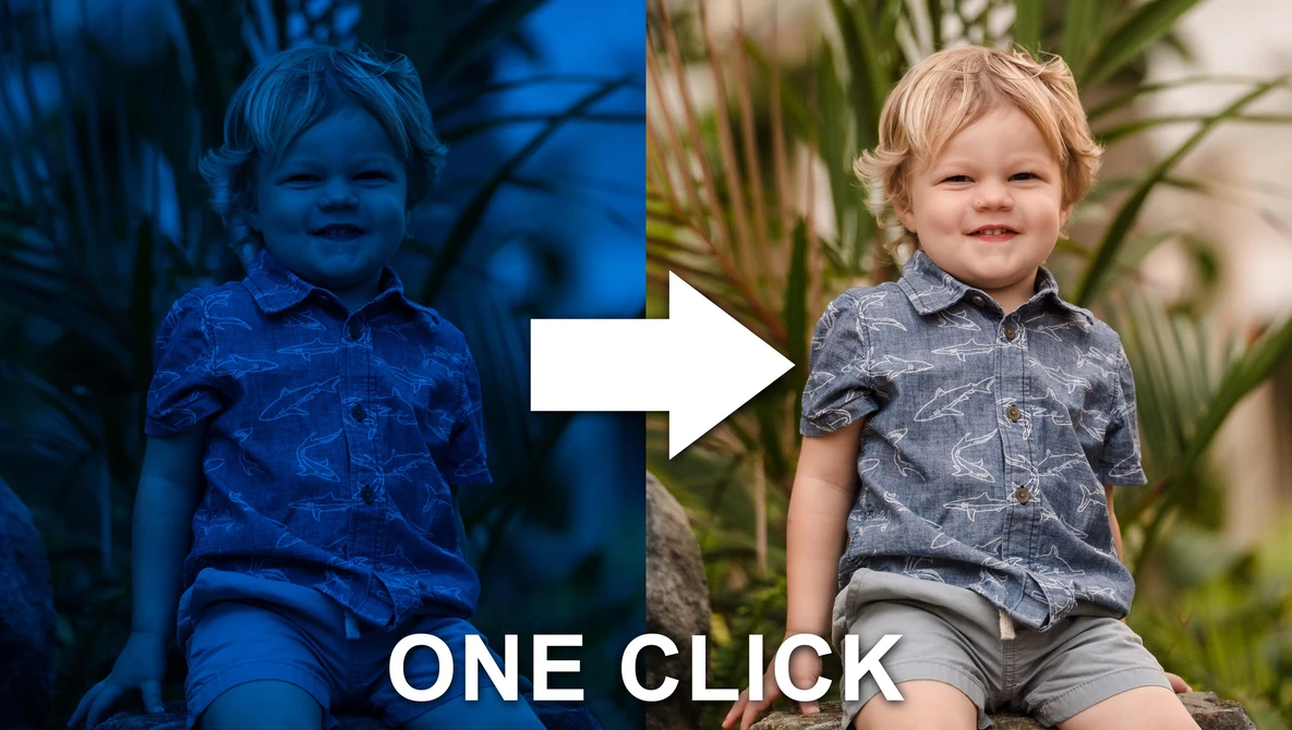 Before and after comparison showing color correction applied to a portrait of a young child.