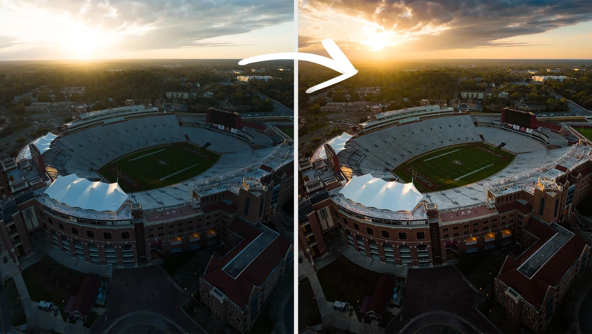 Aerial comparison of a large sports stadium at sunset, showing before and after editing versions side by side.