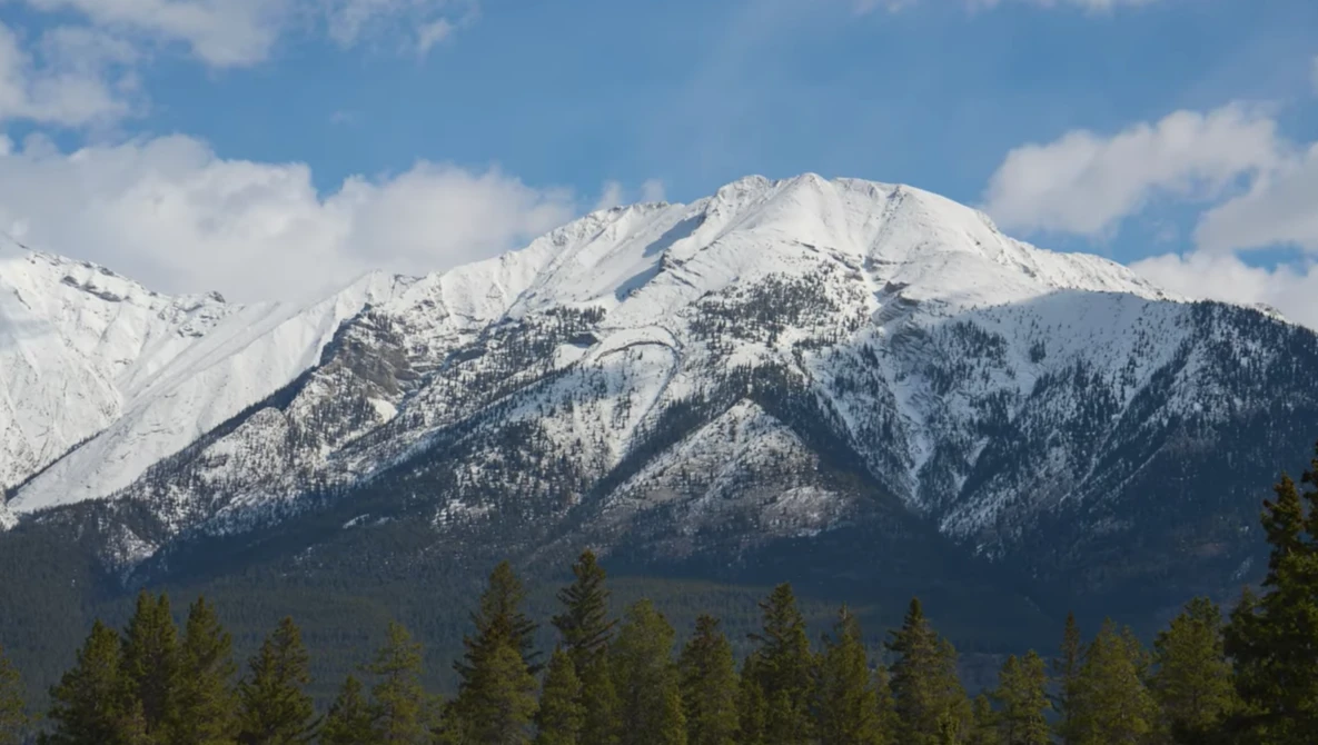 Snow-capped mountain peak with forested slopes under blue sky with white clouds.