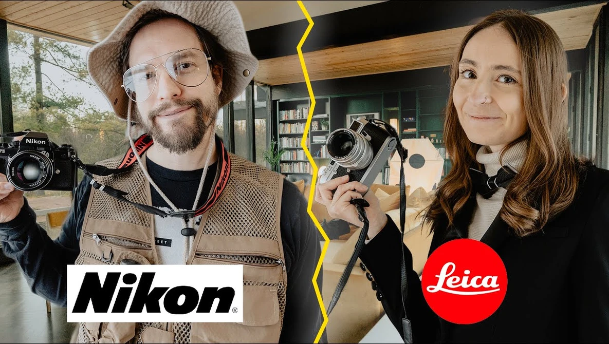 Two photographers holding film cameras, divided by a yellow lightning bolt graphic with Nikon and Leica logos.