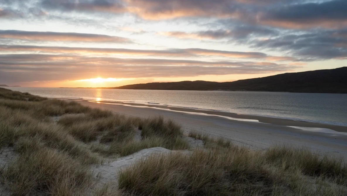 Sunset over a coastal bay with dunes in foreground and hills across the water.