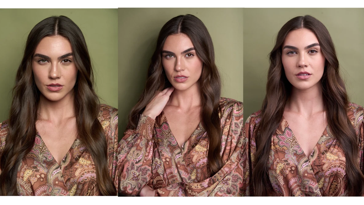 Three portrait variations of a woman with long dark hair wearing a patterned rust-colored top against a neutral green background.