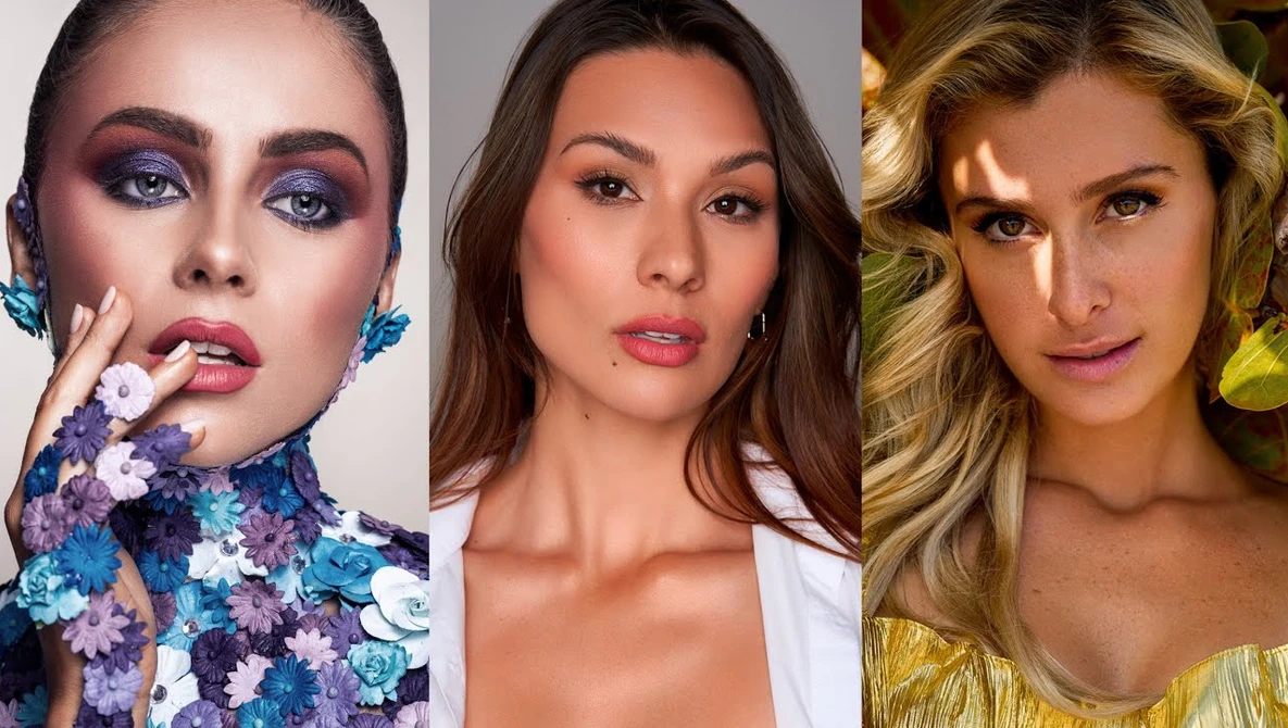 Three portrait headshots demonstrating diverse makeup and styling techniques for beauty photography.