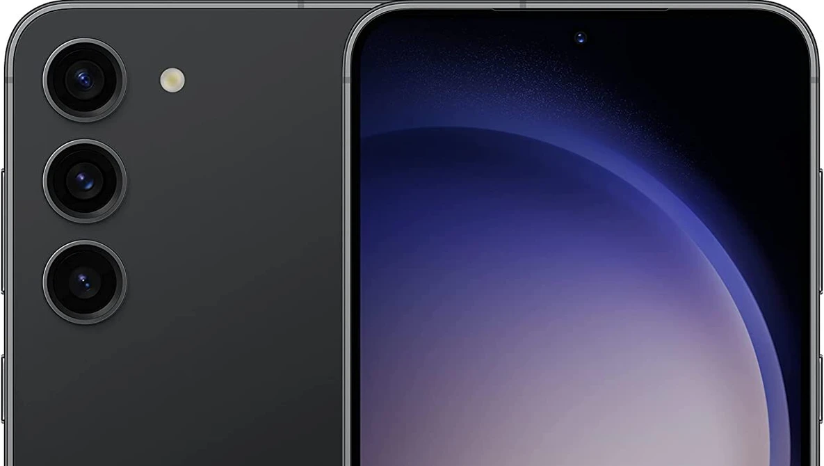Smartphone with triple rear camera system and curved display with blue-purple gradient wallpaper.