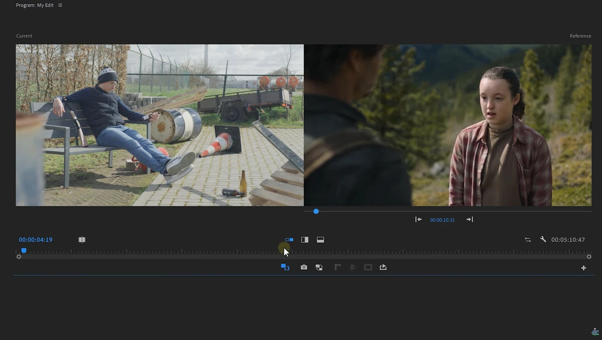 Screenshot of video editing software showing two clips in a timeline with color grading applied.