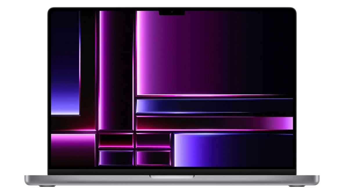 Screenshot of a laptop display with neon purple and blue gradient rectangles arranged in a geometric layout.