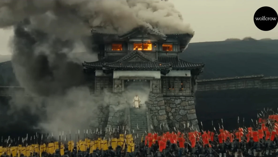Digital illustration of an Asian pagoda tower engulfed in flames with masses of armored soldiers in the foreground.
