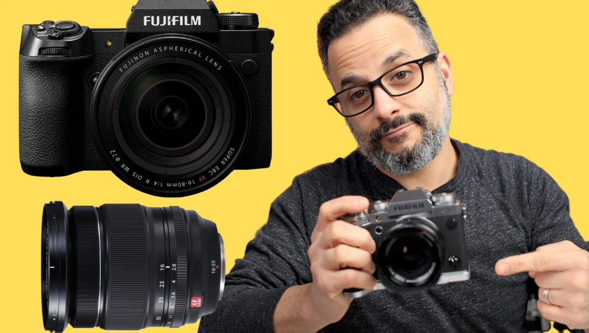 Fujifilm mirrorless camera with interchangeable lens displayed on yellow background alongside portrait of photographer holding camera.