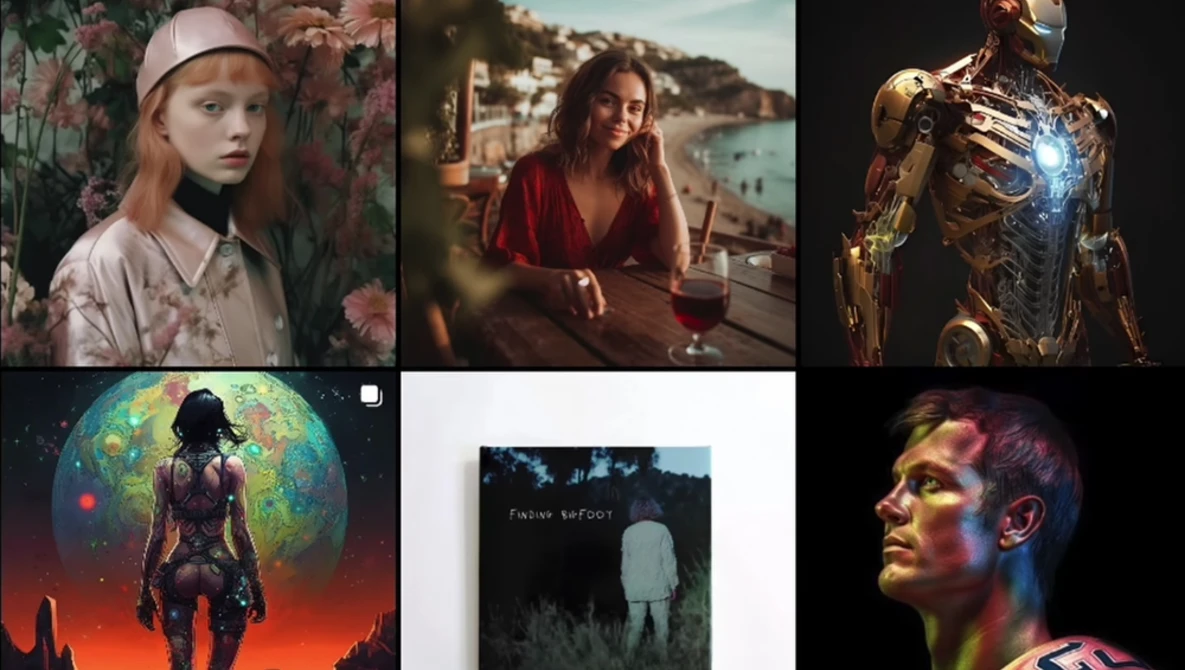 Six-panel grid showcasing diverse cinematic photography styles ranging from portrait and landscape to digital art and conceptual imagery.