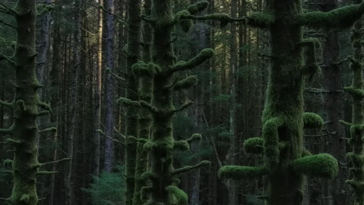 Dense temperate forest with moss-covered conifer trees creating a layered, atmospheric woodland scene.