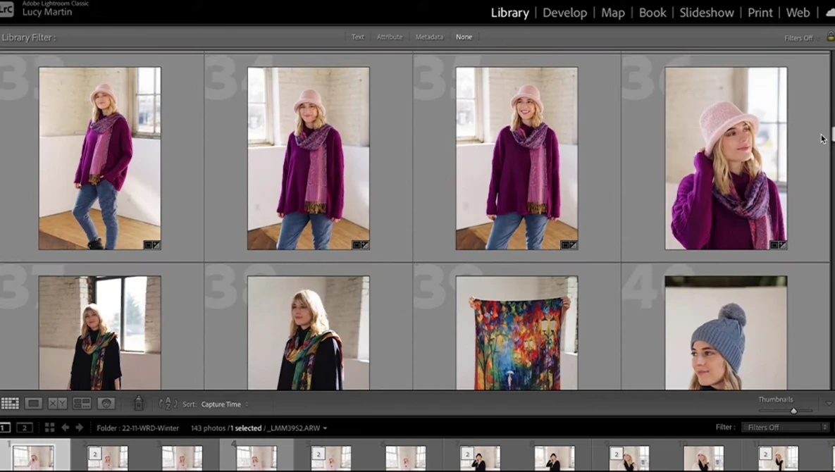 Screenshot of Lightroom Library module showing contact sheets of portrait photography with a woman in purple clothing.
