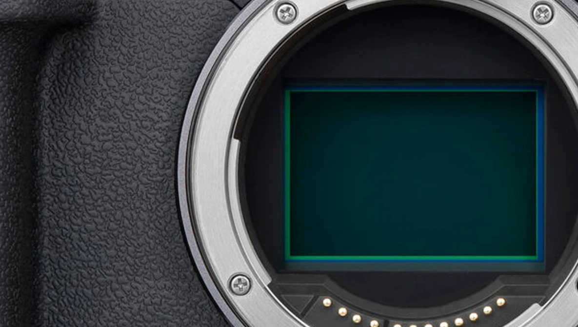 Close-up of a camera sensor with protective shutter open, showing the mirror box interior and contact pins.