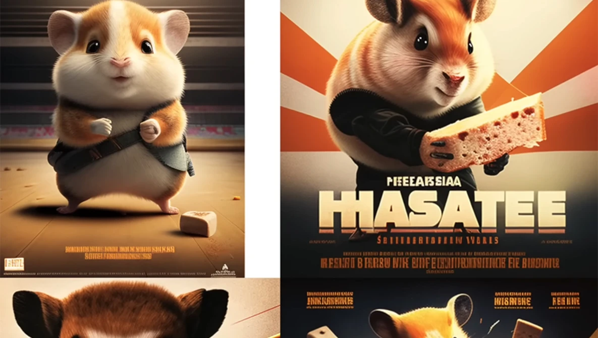 Illustration of three animated hamster characters with different expressions and poses against stylized backgrounds.