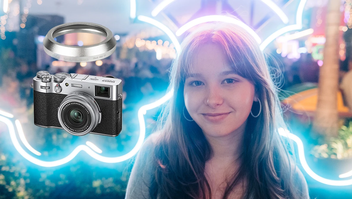 Portrait of a young woman with long straight hair against a blurred neon-lit background, with a vintage rangefinder camera illustrated to her left.