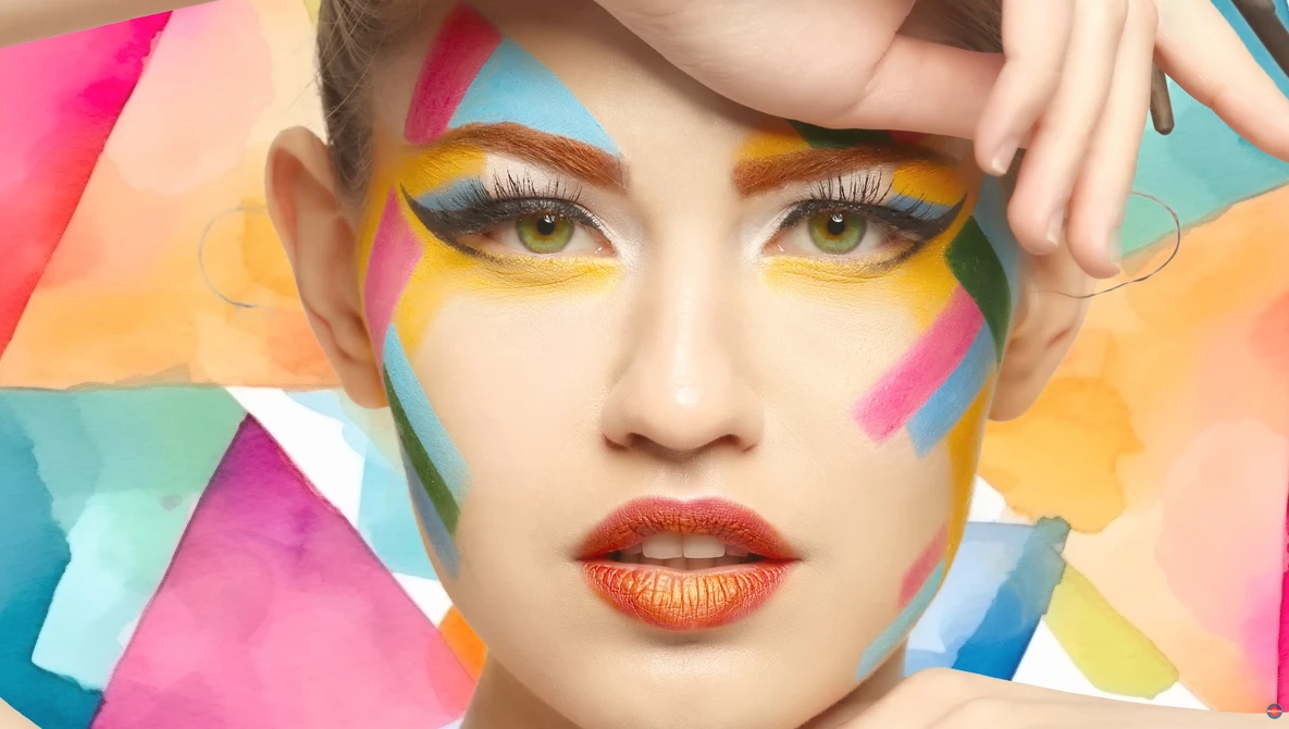 Portrait of a person with vibrant geometric makeup featuring bold colors like magenta, yellow, blue, and orange.