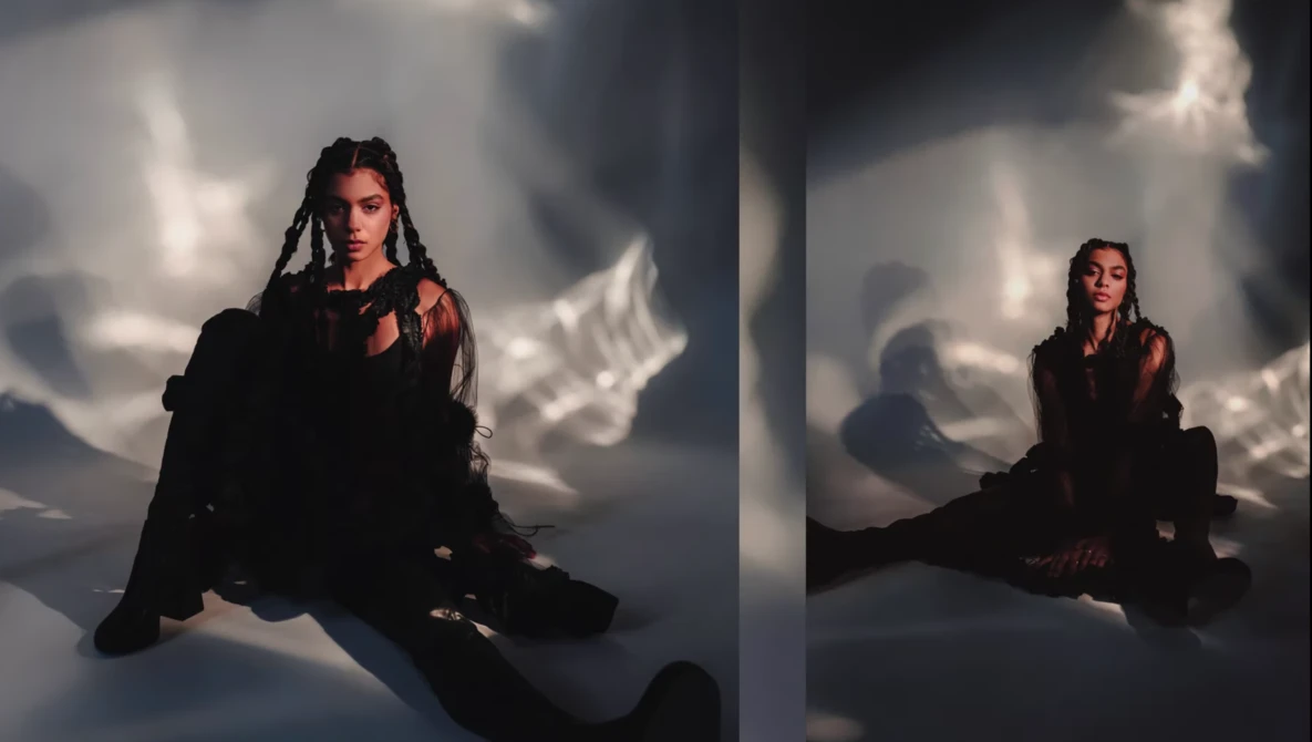 Person in dark clothing sitting against dramatic cloudy sky backdrop in two compositional variations.