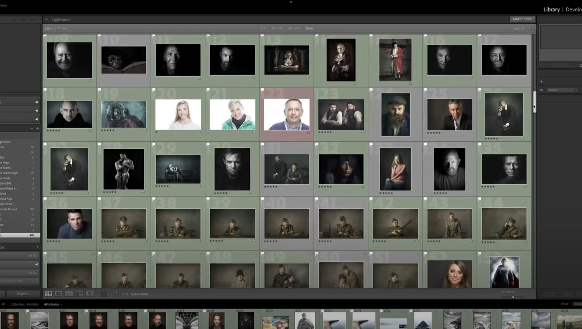 Screenshot of Lightroom library grid displaying portrait photography contact sheets with multiple subject headshots.