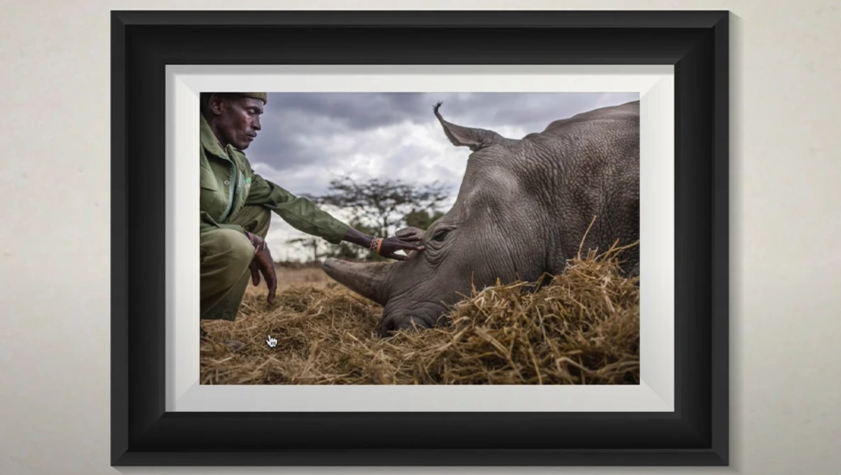 Wildlife handler crouching beside a rhinoceros in dry grassland with acacia tree and mountains visible in the background.