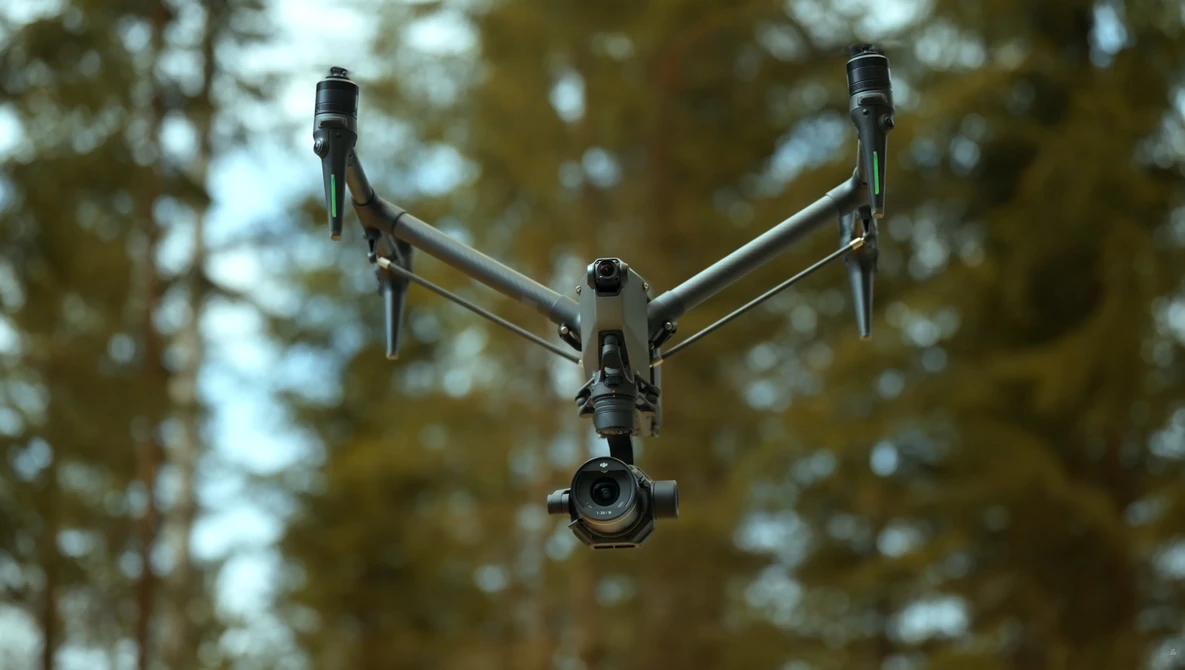 DJI Inspire 3 drone hovering against a blurred forest canopy backdrop.
