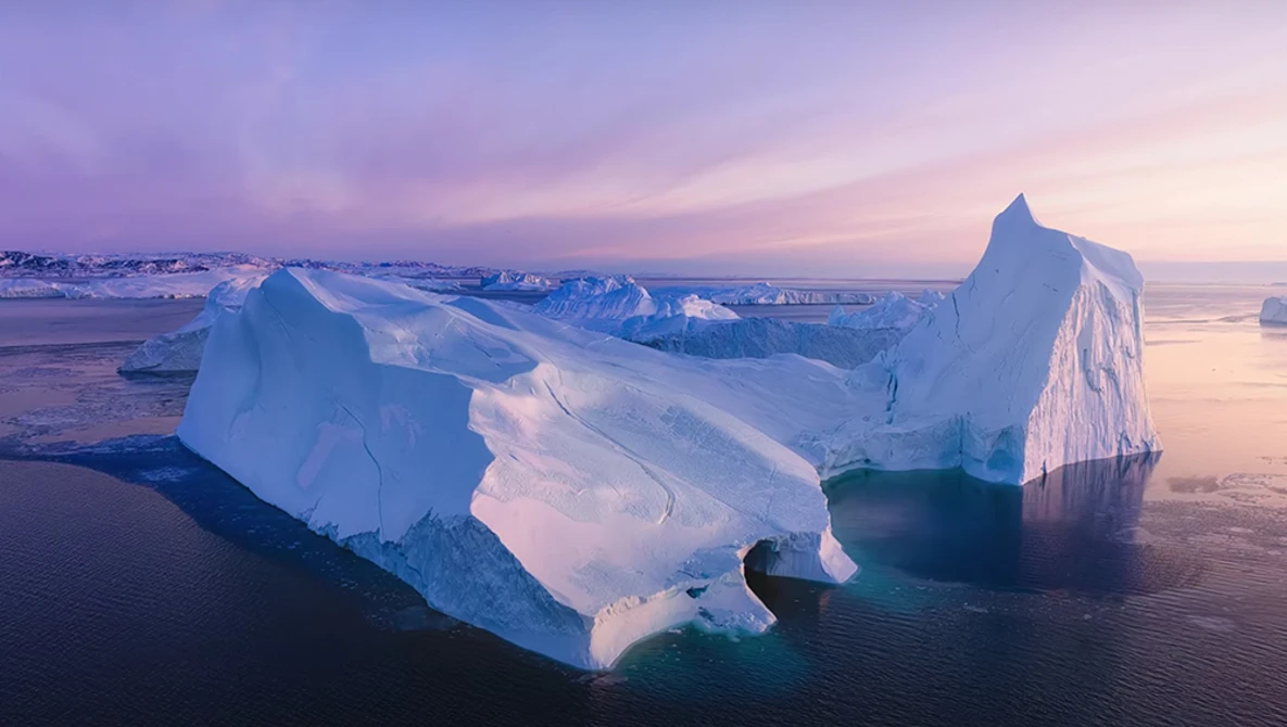 Large icebergs floating in calm ocean water during twilight with purple and pink sky.