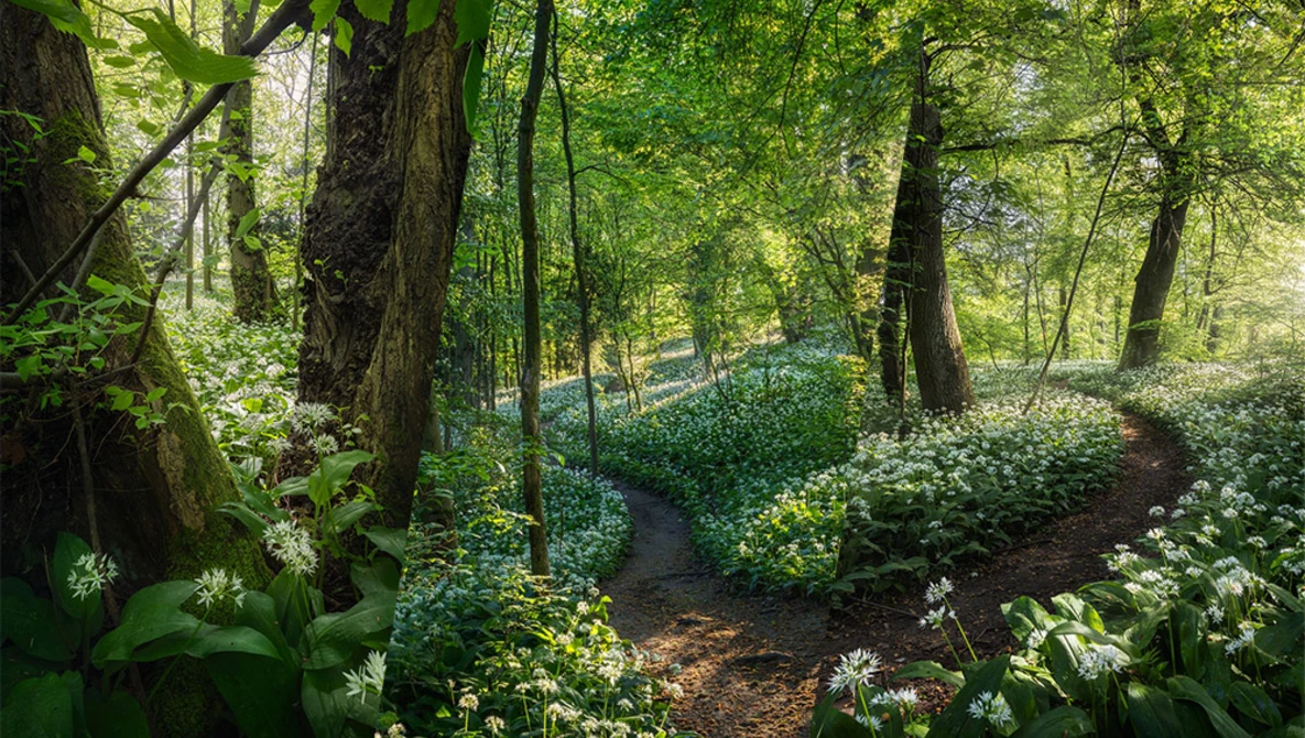 Forest path lined with white flowering plants beneath tall green trees in dappled sunlight.
