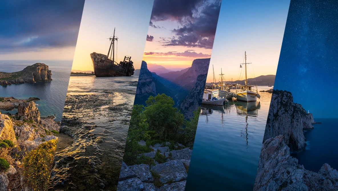 Vertical composite of five coastal seascapes featuring rocky cliffs, anchored boats, and golden-hour lighting.