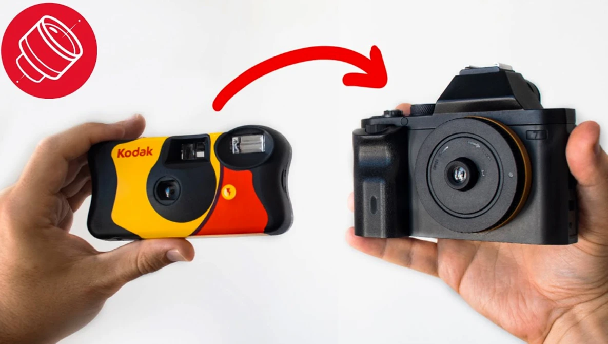 Comparison showing a yellow and black compact film camera on the left transforming into a modern digital mirrorless camera on the right.